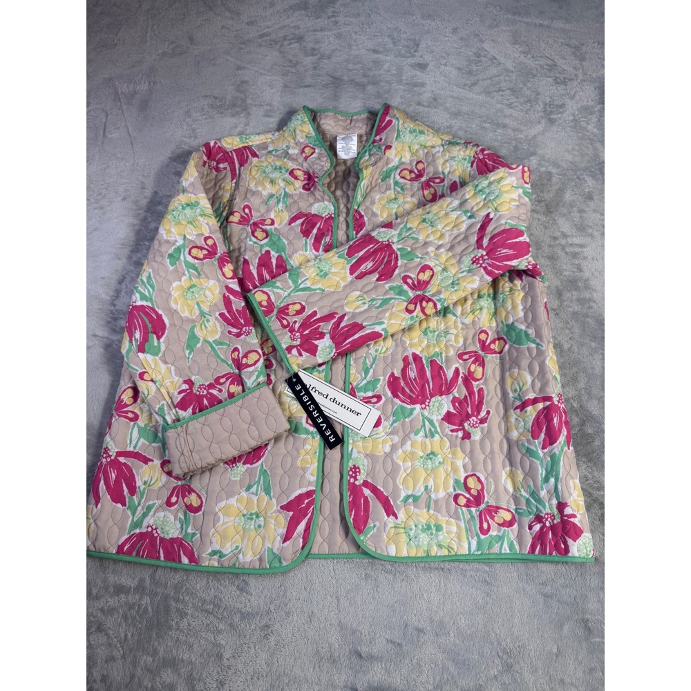 Alfred Dunner Reversible Quilted Jacket Womens 16 Floral Pink Tan Open Front NWT